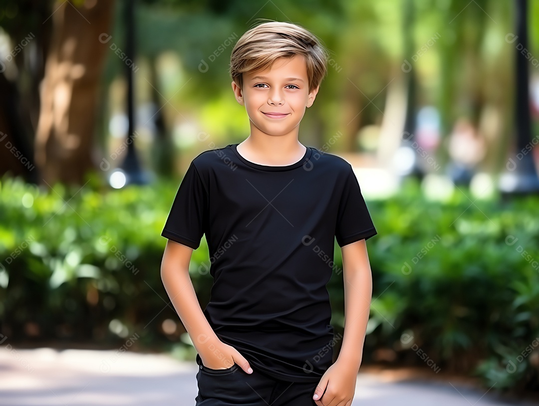 Garoto bonito vestindo maquete de camiseta preta vazia em branco para modelo de design