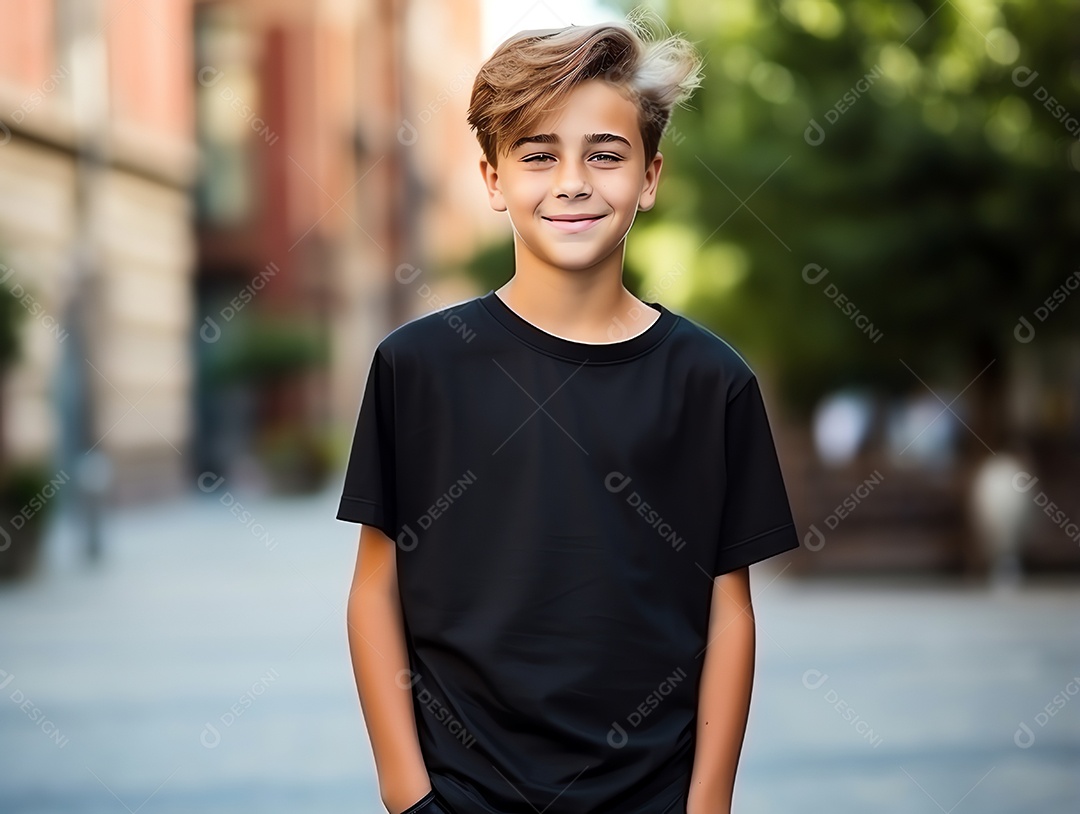 Garoto bonito vestindo maquete de camiseta preta vazia em branco para modelo de design