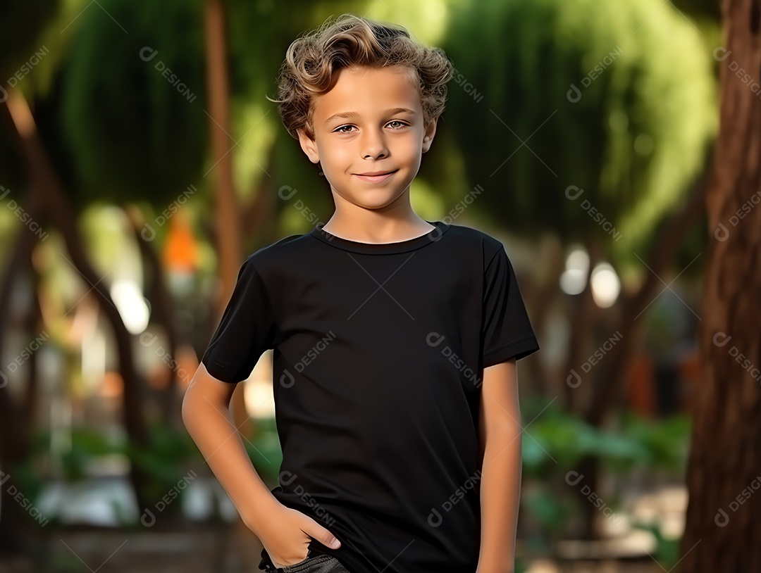 Garoto bonito vestindo maquete de camiseta preta vazia em branco para modelo de design