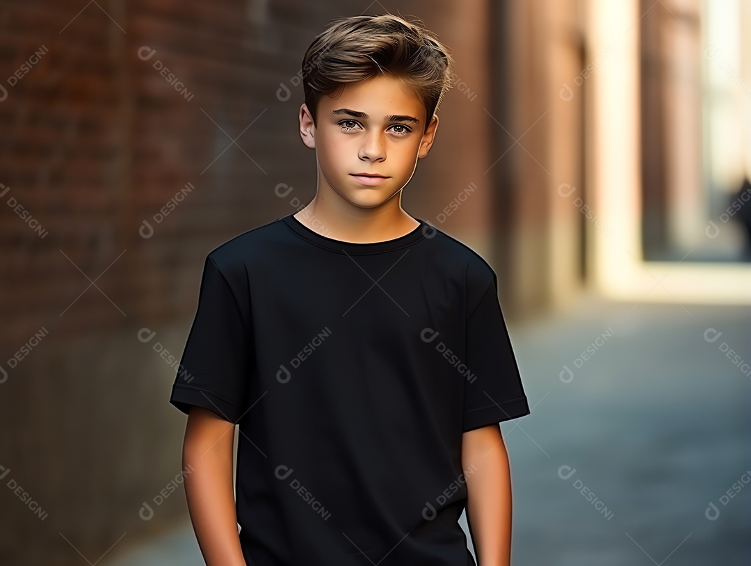 Garoto bonito vestindo maquete de camiseta preta vazia em branco para modelo de design