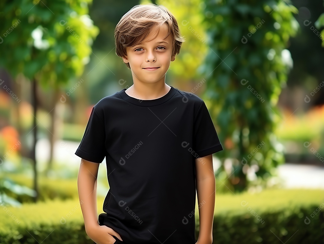 Garoto bonito vestindo maquete de camiseta preta vazia em branco para modelo de design