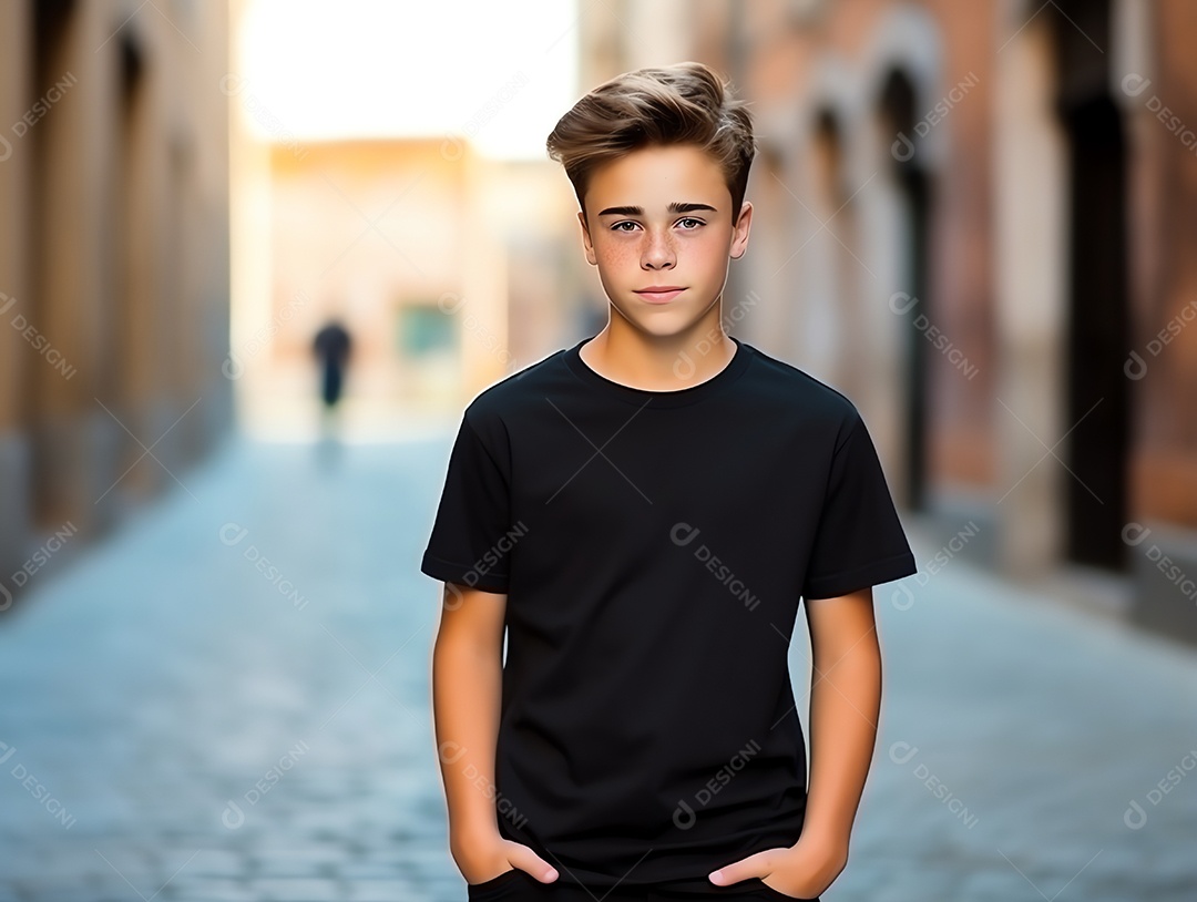 Garoto bonito vestindo maquete de camiseta preta vazia em branco para modelo de design