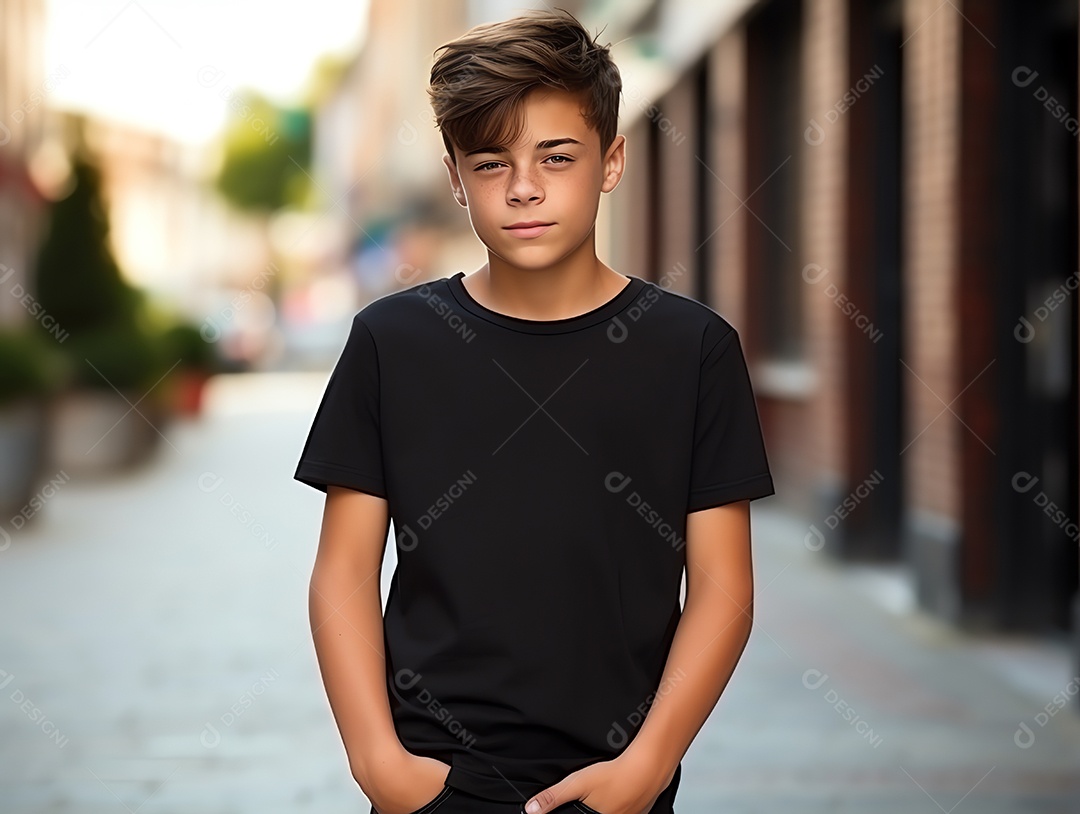 Garoto bonito vestindo maquete de camiseta preta vazia em branco para modelo de design