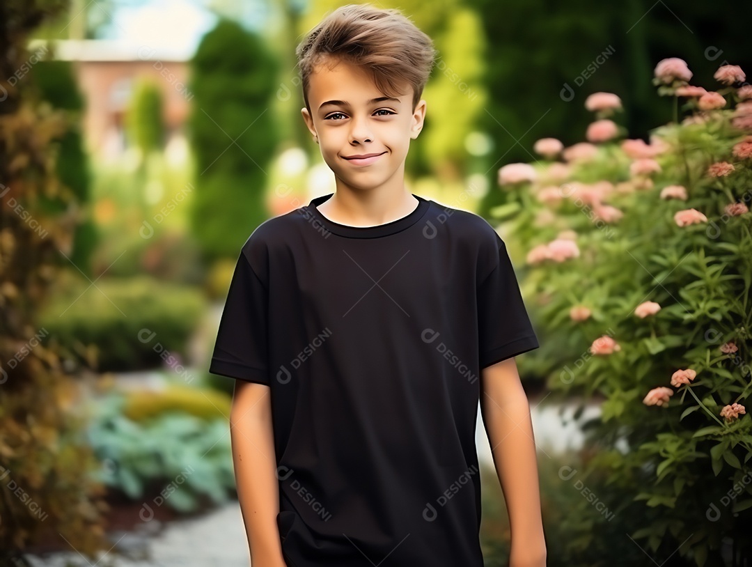 Garoto bonito vestindo maquete de camiseta preta vazia em branco para modelo de design