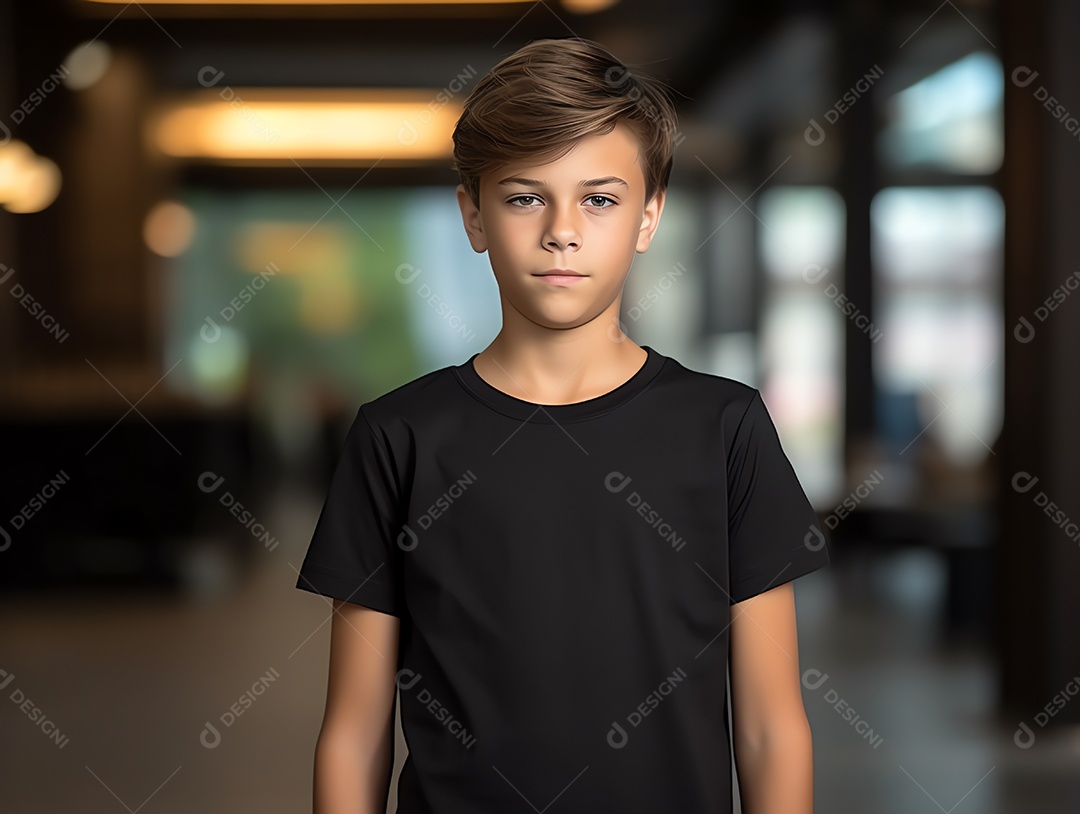 Garoto bonito vestindo maquete de camiseta preta vazia em branco para modelo de design