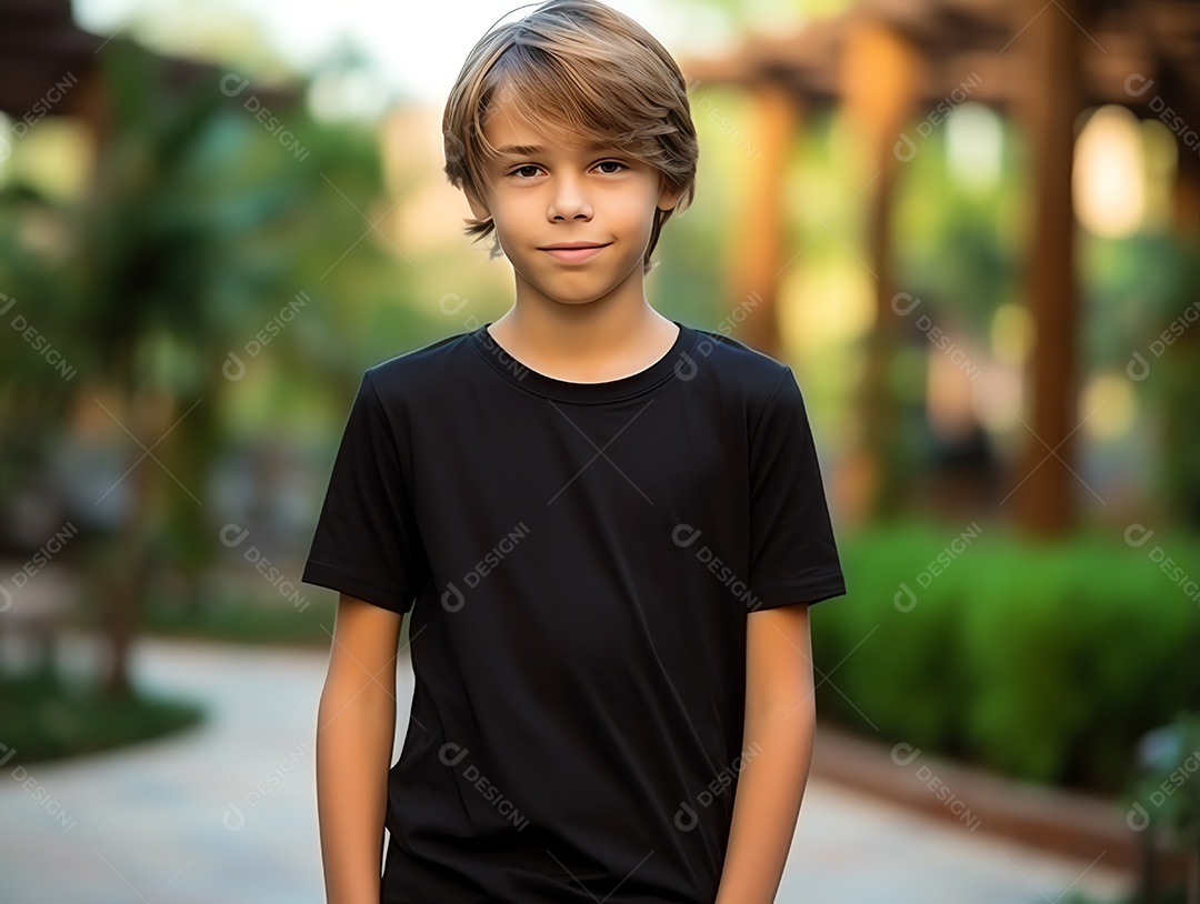 Garoto bonito vestindo maquete de camiseta preta vazia em branco para modelo de design