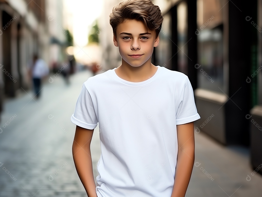 Garoto bonito vestindo maquete de camiseta branca vazia em branco para modelo de design