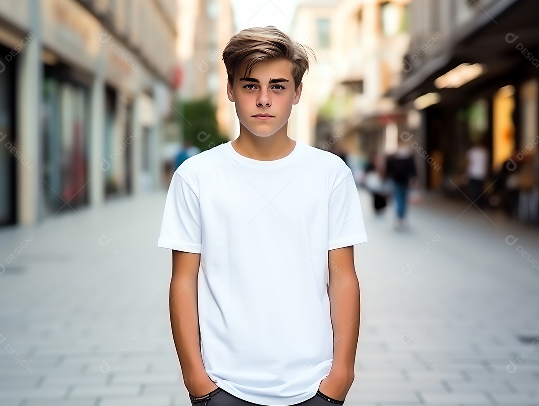 Garoto bonito vestindo maquete de camiseta branca vazia em branco para modelo de design