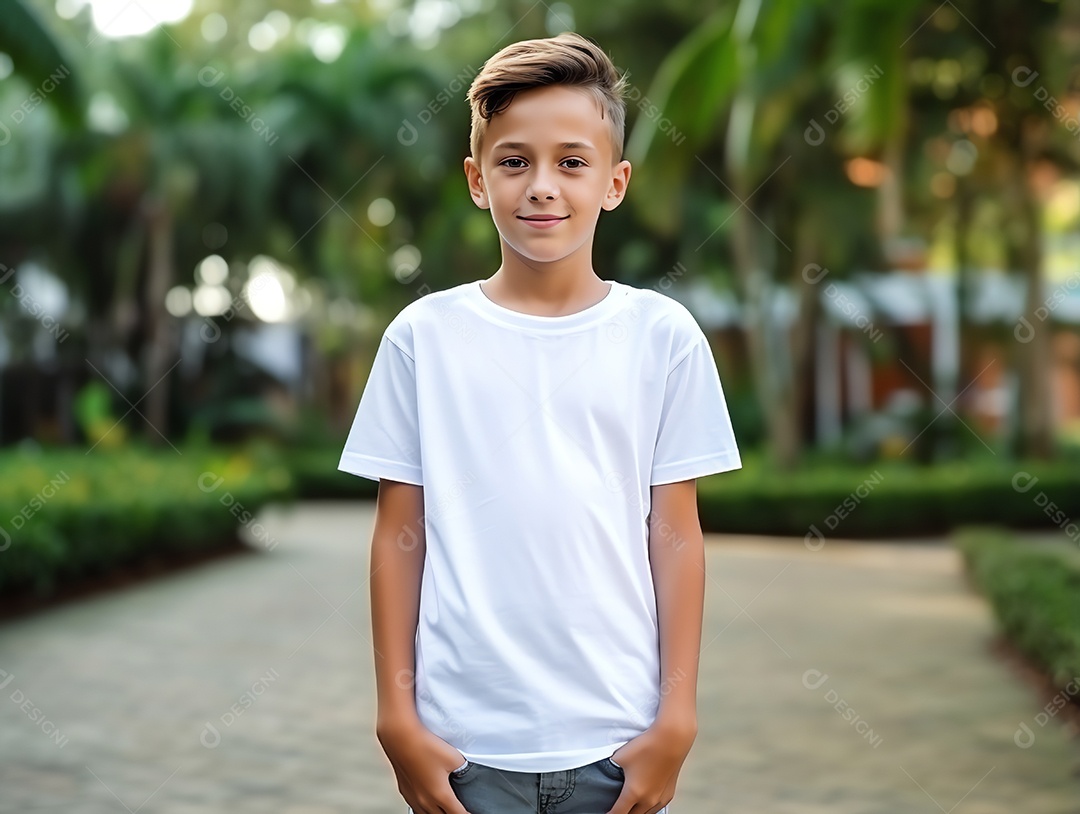 Garoto bonito vestindo maquete de camiseta branca vazia em branco para modelo de design