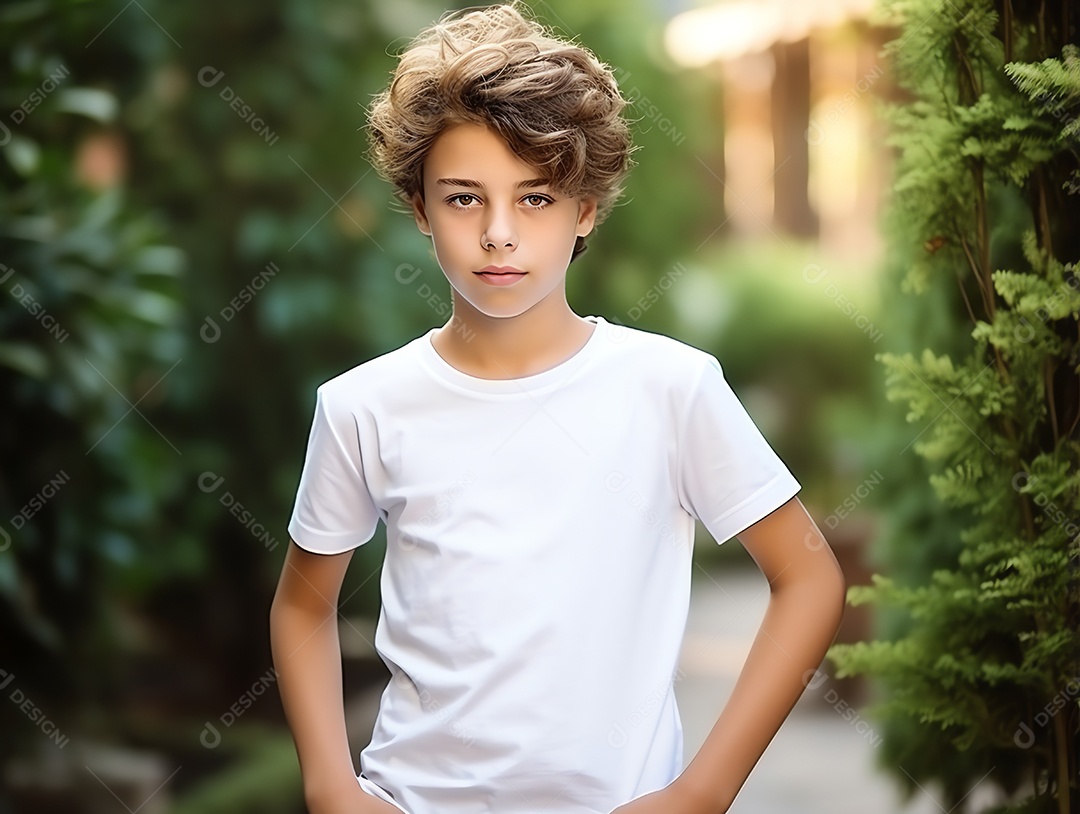 Garoto bonito vestindo maquete de camiseta branca vazia em branco para modelo de design