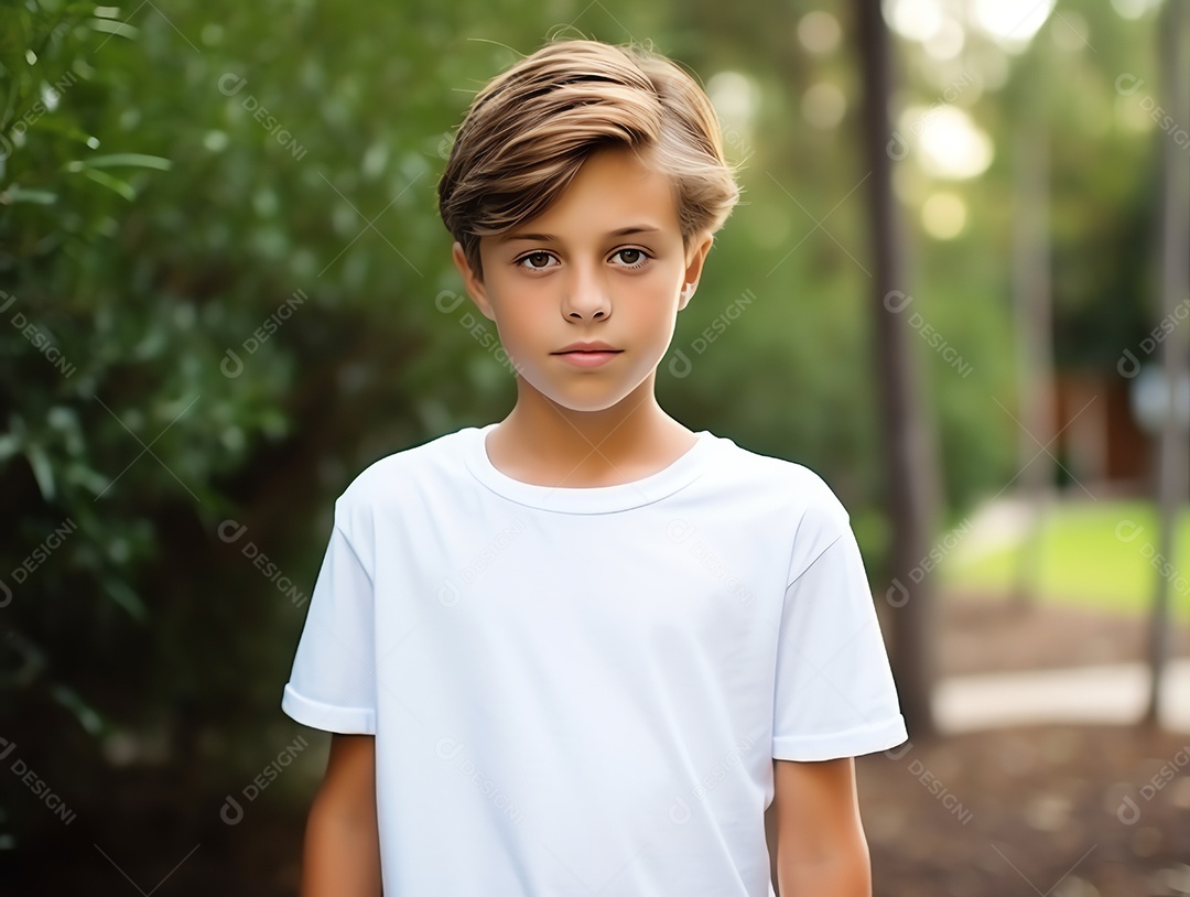 Garoto bonito vestindo maquete de camiseta branca vazia em branco para modelo de design