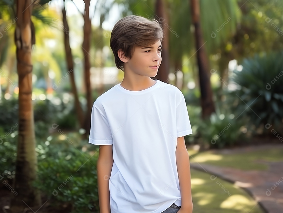 Garoto bonito vestindo maquete de camiseta branca vazia em branco para modelo de design