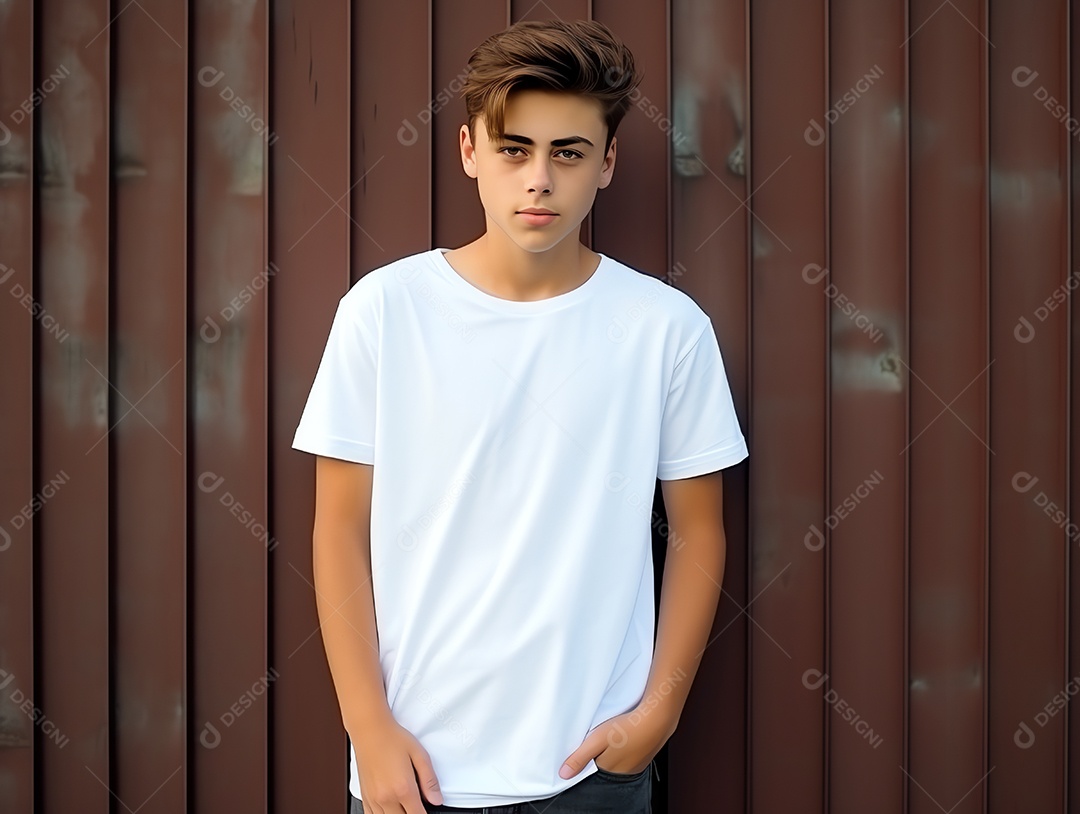 Garoto bonito vestindo maquete de camiseta branca vazia em branco para modelo de design