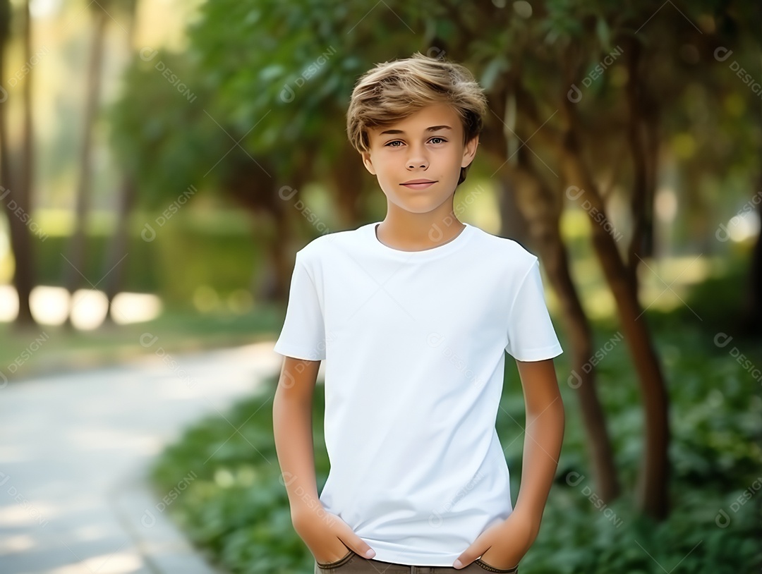 Garoto bonito vestindo maquete de camiseta branca vazia em branco para modelo de design