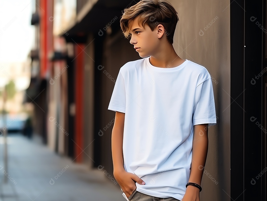 Garoto bonito vestindo maquete de camiseta branca vazia em branco para modelo de design