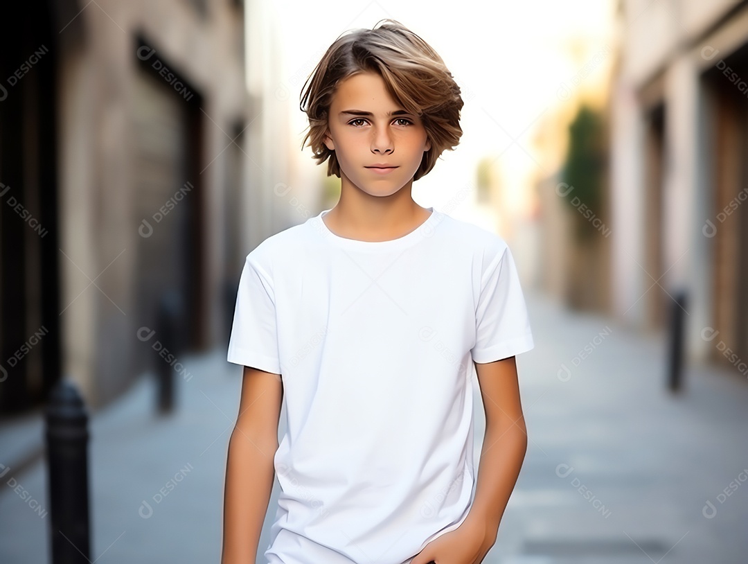 Garoto bonito vestindo maquete de camiseta branca vazia em branco para modelo de design