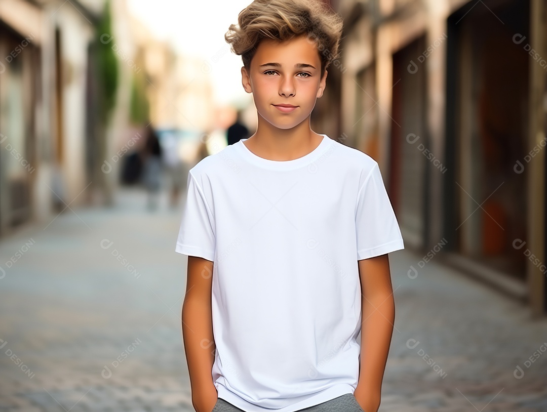 Garoto bonito vestindo maquete de camiseta branca vazia em branco para modelo de design