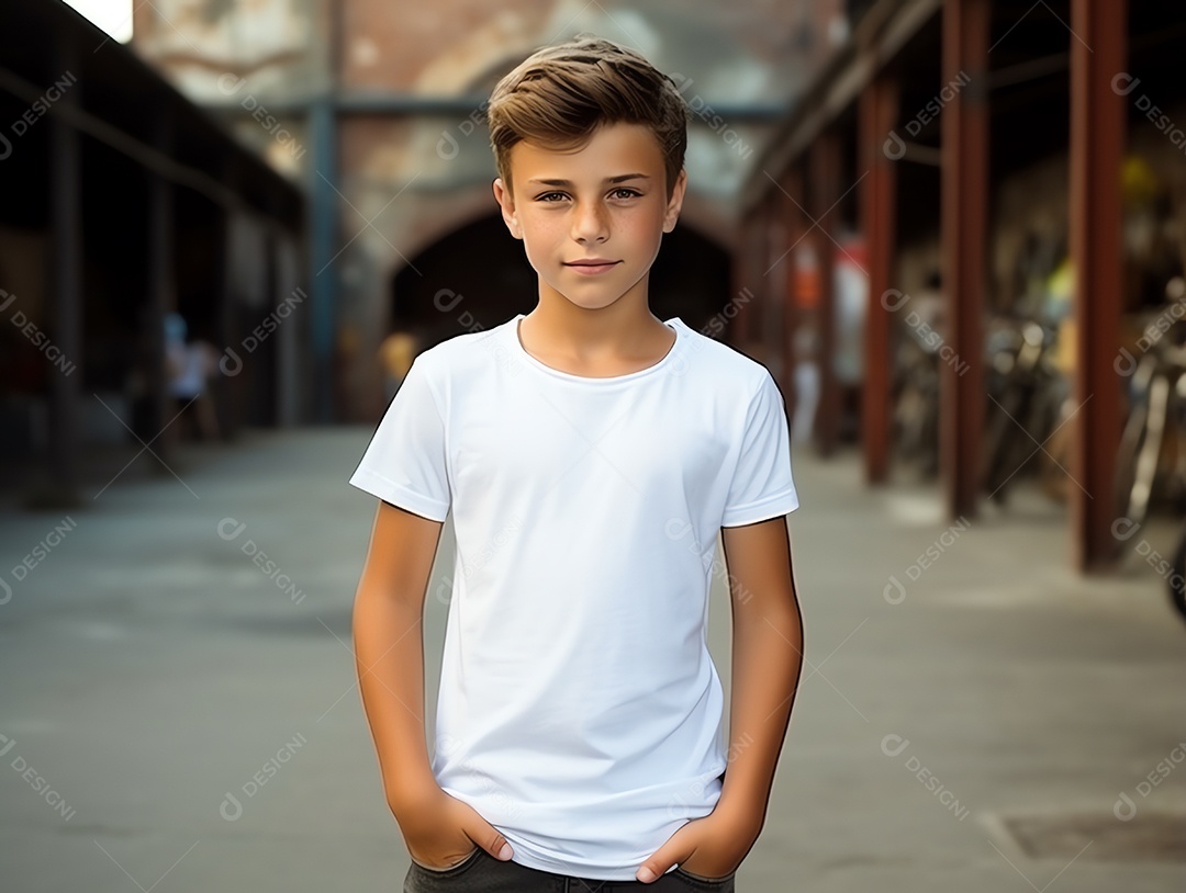 Garoto bonito vestindo maquete de camiseta branca vazia em branco para modelo de design