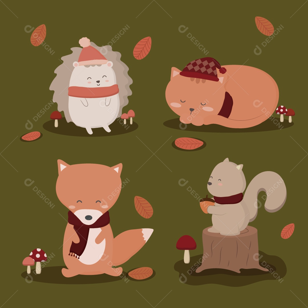 Animais Ilustrações de Outono Vetor EPS