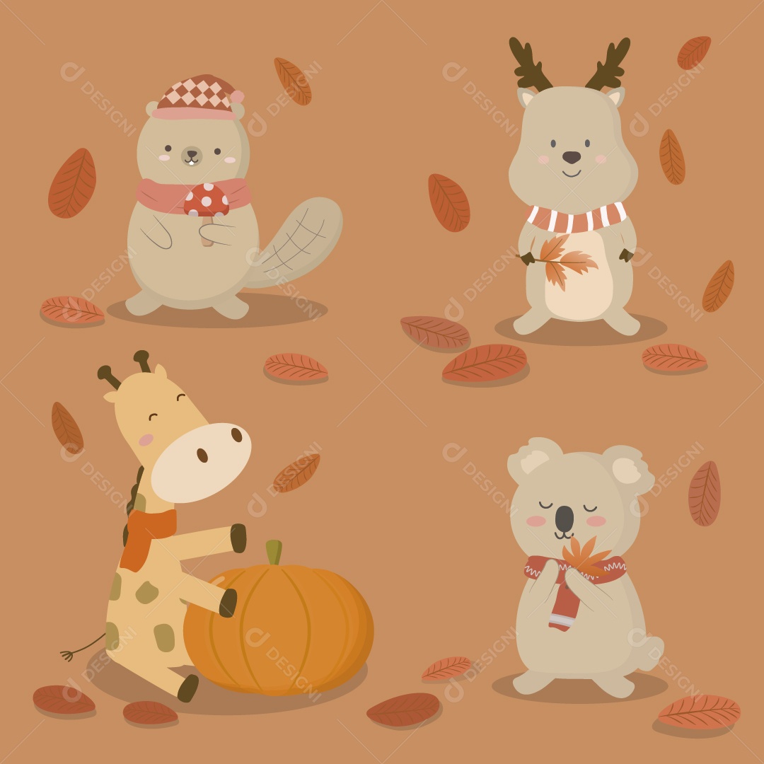 Animais Ilustrações de Outono Vetor EPS