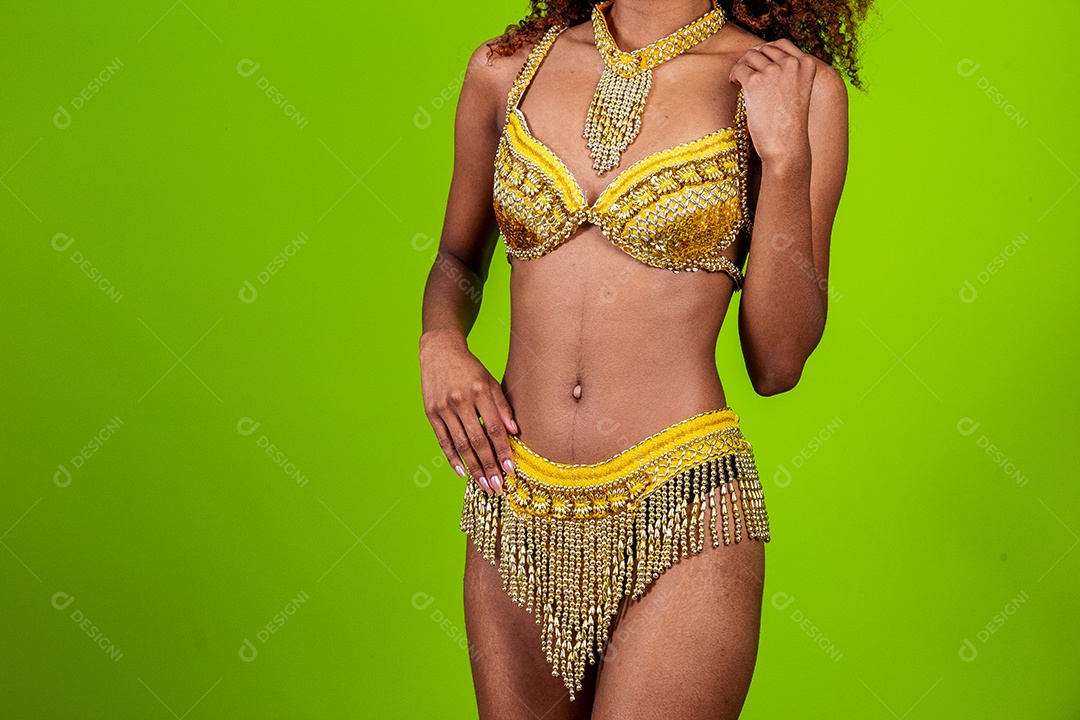 Linda mulher negra com traje de carnaval em fundo verde