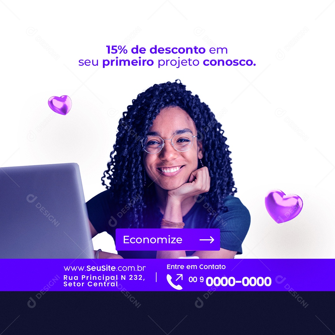 Marketing Digital 15% de Desconto em seu Primeiro Projeto Conosco Economize Social Media PSD Editável