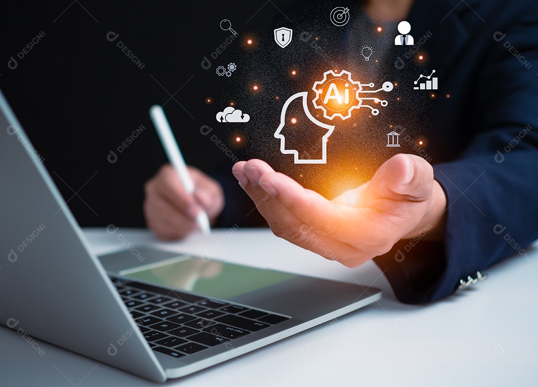 empresário segurando cérebro de IA, Simbólico, Aprendizado de Máquina, inteligência artificial de tecnologia futurista, rede de IA do cérebro em análise de negócios