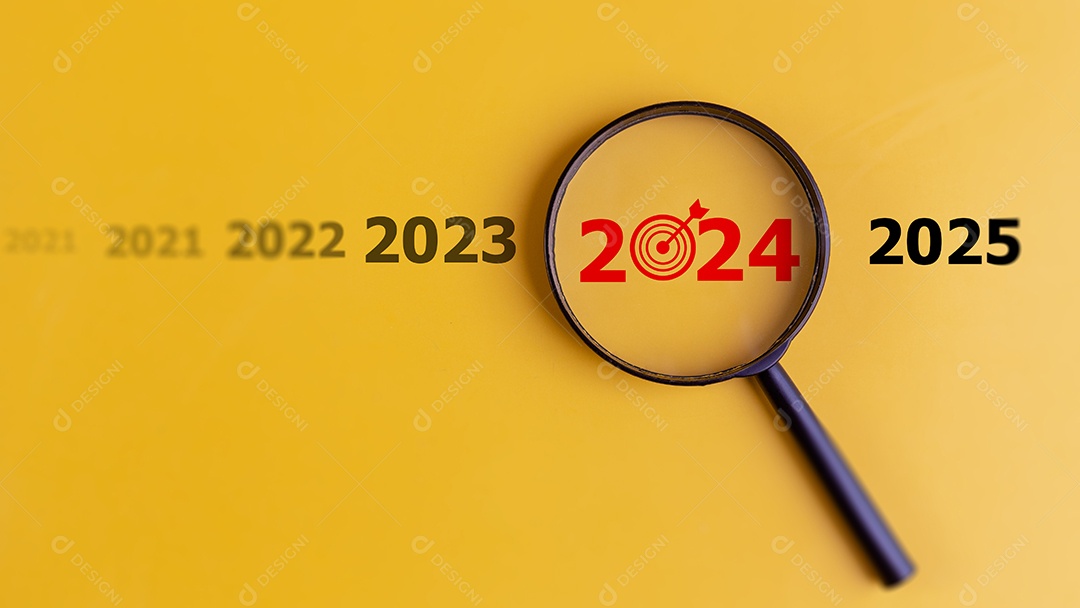 Alvo do conceito de negócio. lupa com foco no ano de 2024. Concentre-se em novas metas de negócios, planos e estratégias do conceito do ano de 2024.