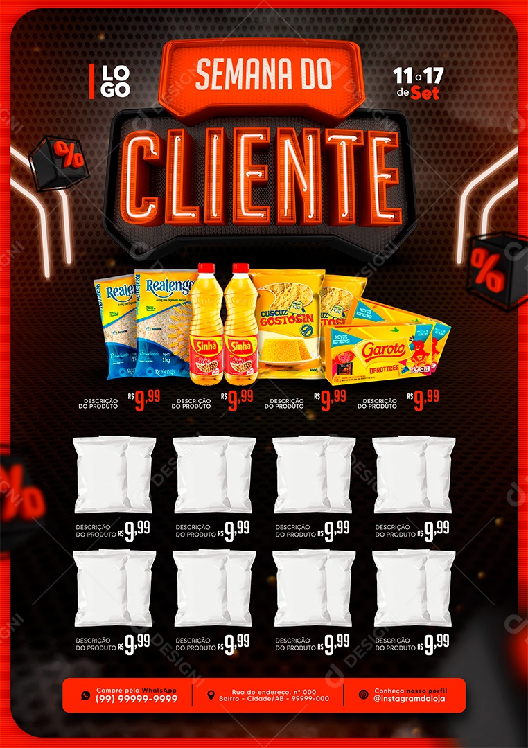 Encarte Semana do Cliente Supermercado Óleo Cuscuz Chocolate Social Media PSD Editável