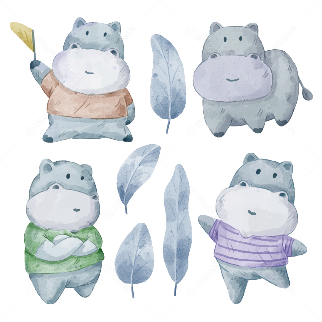 Hipopótamo em Aquarela Ilustração Vetor EPS