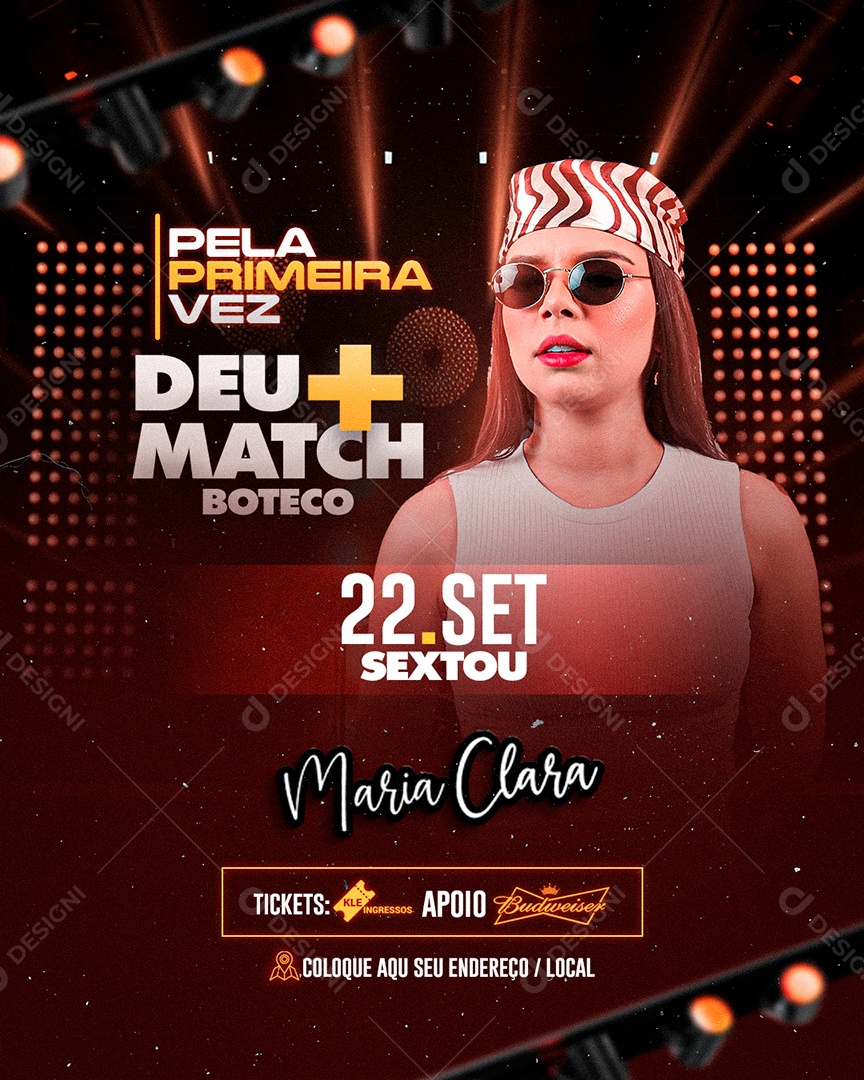 Flyer Pela Primeira Vez Deu + Match Maria Clara Social Media PSD Editável