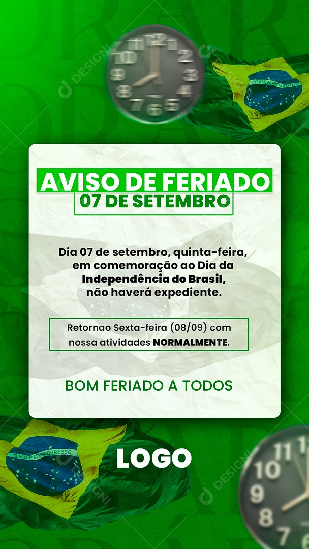 Story Aviso de Feriado 07 De Setembro Social Media PSD Editável
