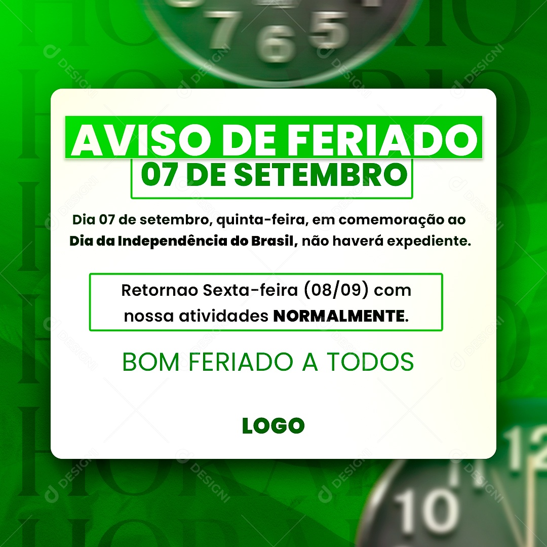 Aviso de Feriado 07 De Setembro Social Media PSD Editável