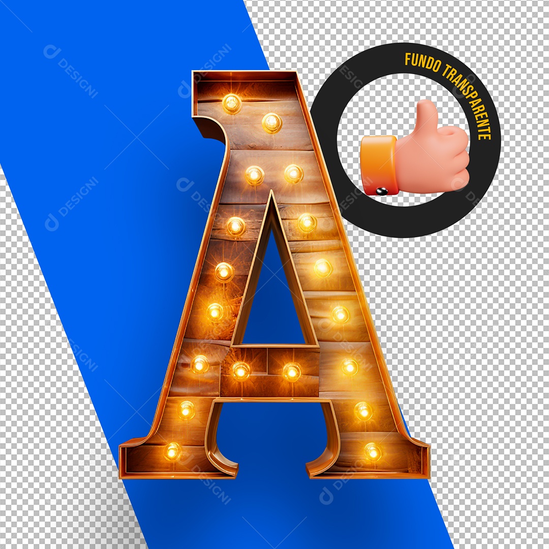 Letra A Maiúscula de Madeira com Lâmpada de Led Elemento 3D Para Composição PSD