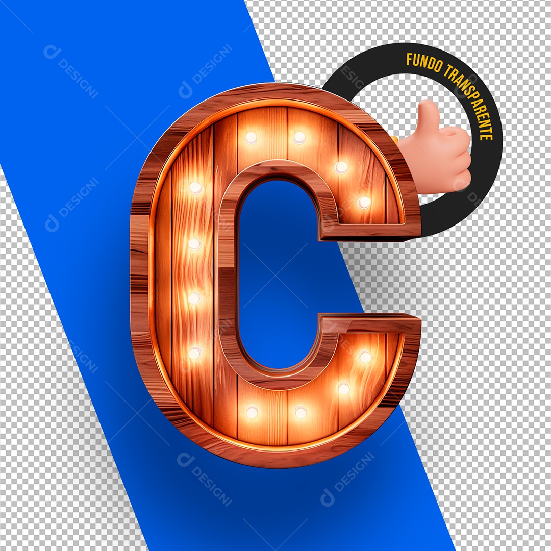 Wooden Capital Letter C with Led Lamps 3D Element For PSD Composition