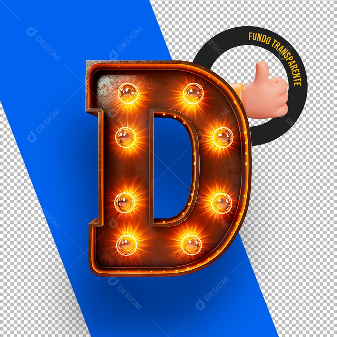 Letra D Maiúscula com Lâmpadas de Led Elemento 3D Para Composição PSD