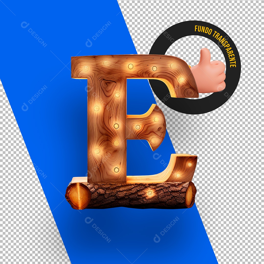 Letra E Maiúscula de Madeira com Lâmpadas de Led Elemento 3D Para Composição PSD