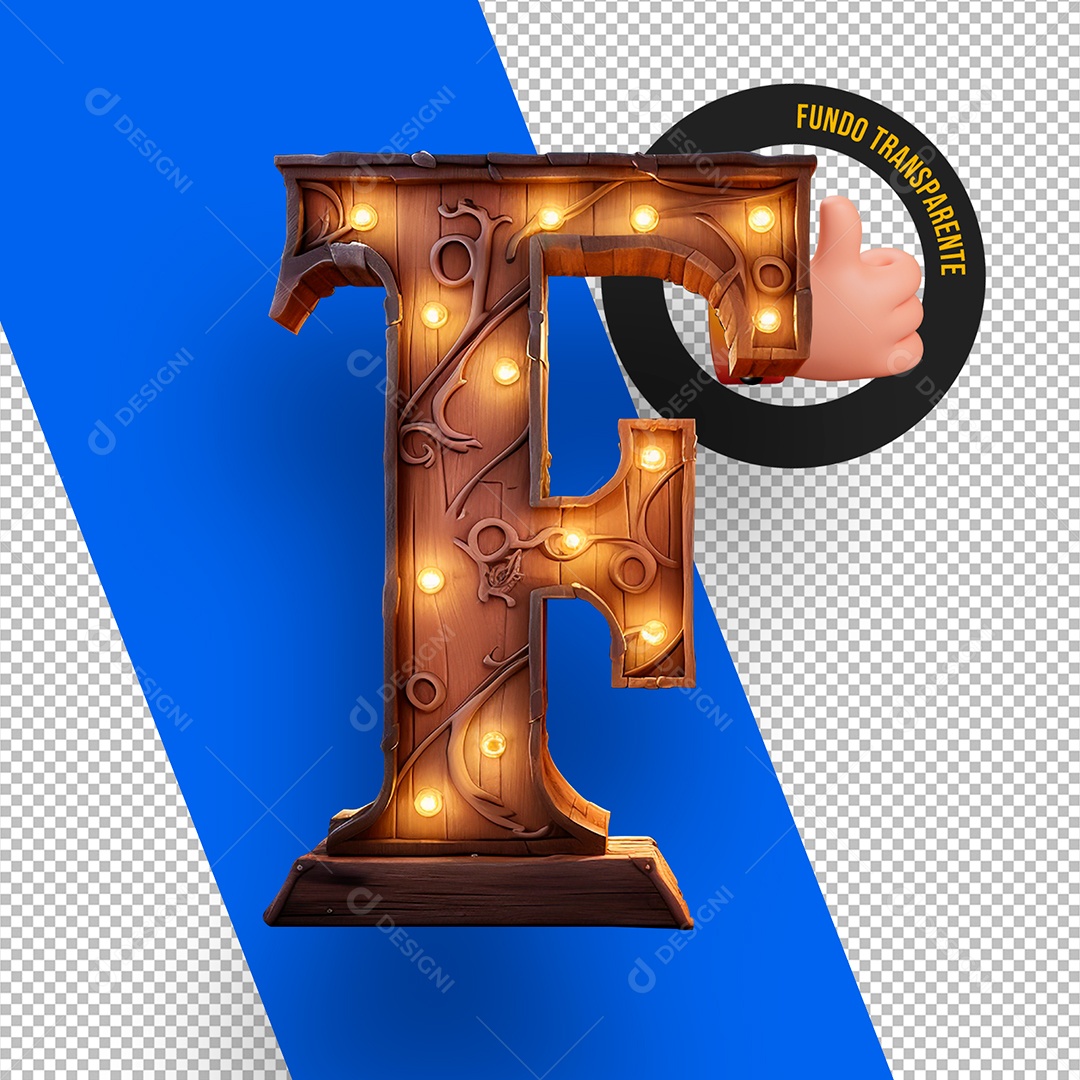 Letra F Maiúscula de Madeira com Lâmpadas de Led Elemento 3D Para Composição PSD