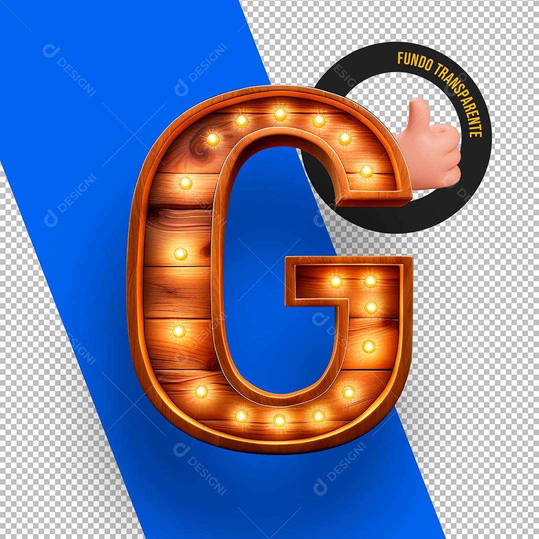 Letra G Maiúscula de Madeira com Lâmpadas Elemento 3D Para Composição PSD