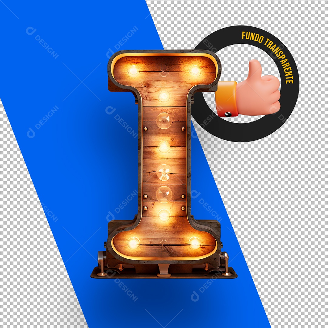 Letra I Maiúscula de Madeira com Lâmpadas de Led Elemento 3D Para Composição PSD