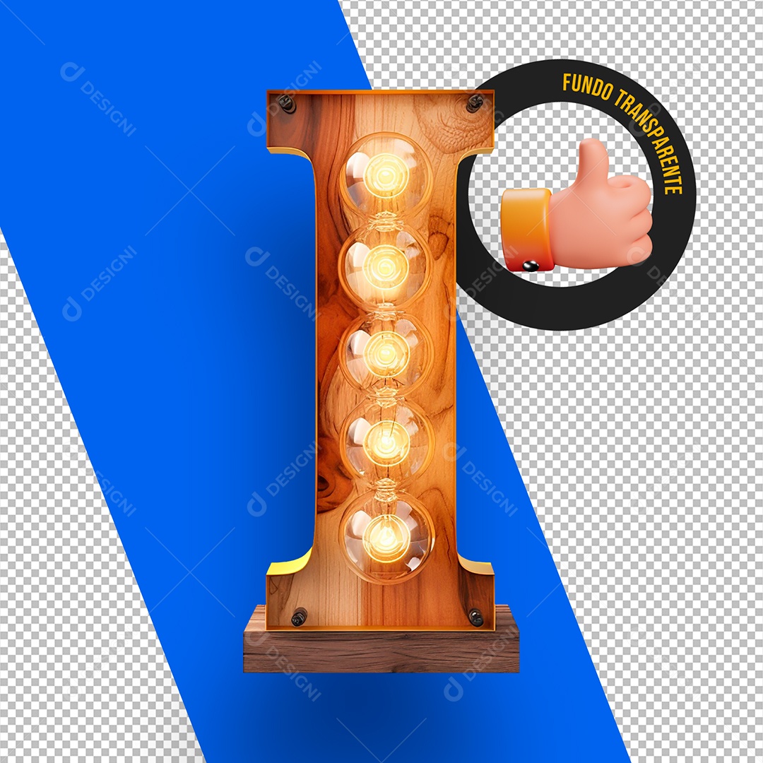 Wooden Capital Letter I with Led Lamps 3D Element For PSD Composition
