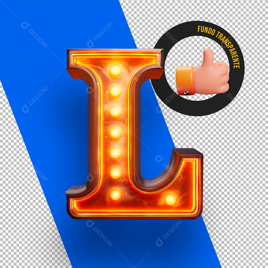 Letra L Maiúscula com Lâmpada de Led Elemento 3D Para Composição PSD