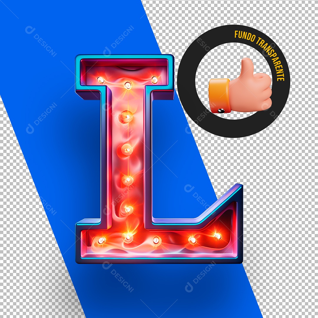Letra L Maiúscula com Luz de Led Elemento 3D Para Composição PSD
