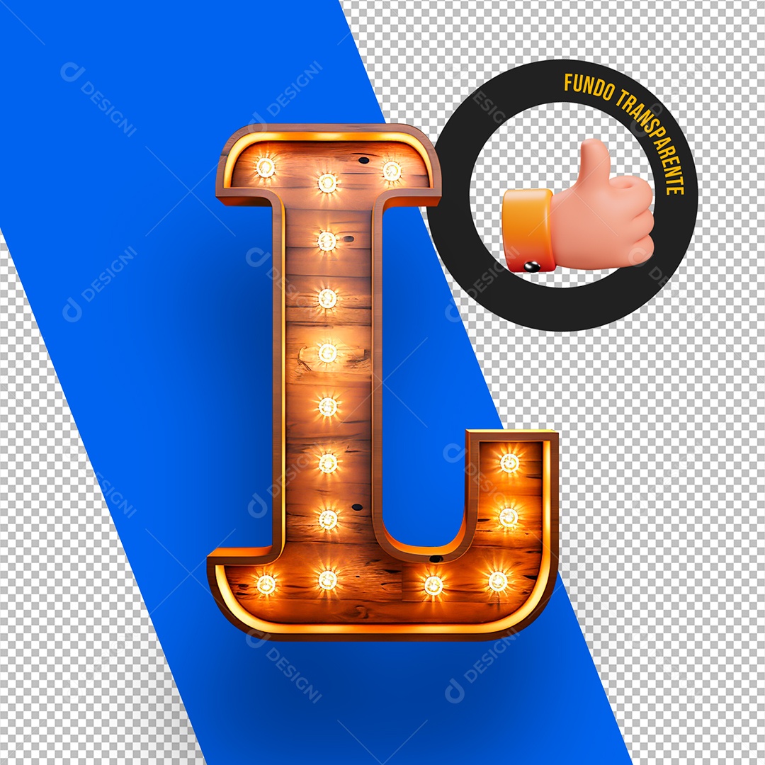 Letra L Maiúscula de Madeira com Lâmpadas de Led Elemento 3D Para Composição PSD