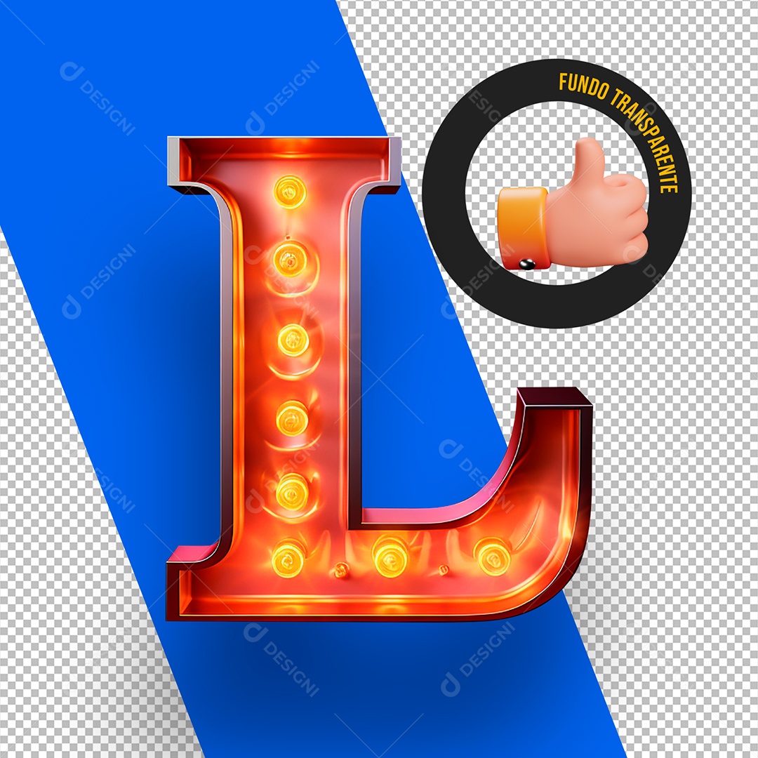 Letra L Maiúscula com Lâmpadas de Led Elemento 3D Para Composição PSD