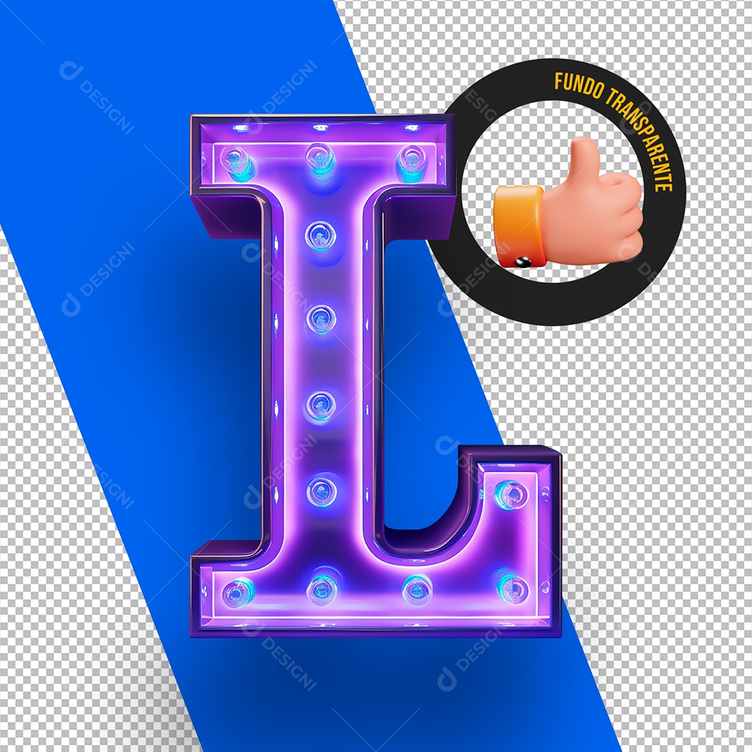 Letra L Maiúscula com Lâmpadas de Led Roxo Elemento 3D Para Composição PSD