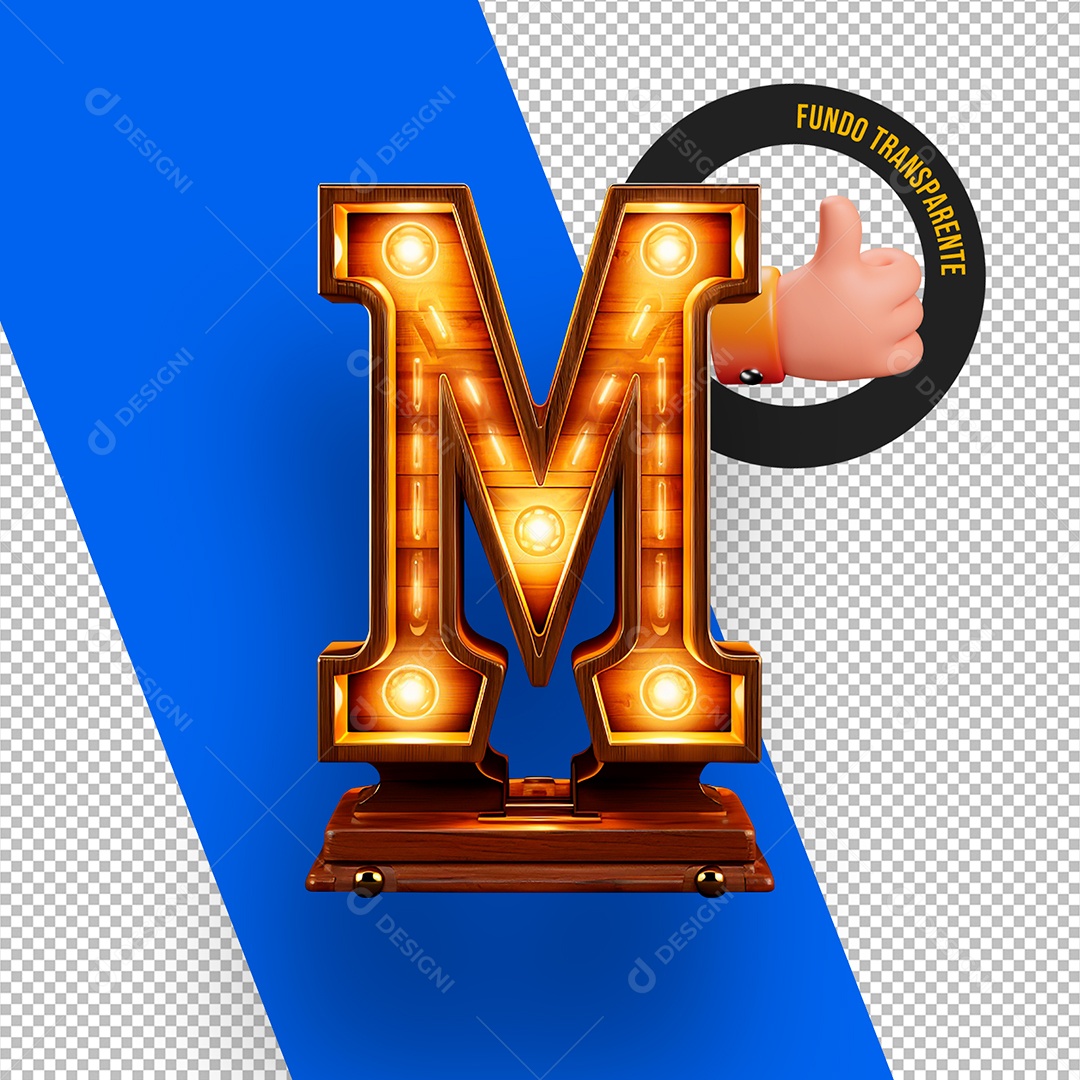 Letra M Maiúscula de Madeira com Lâmpadas de Led Elemento 3D Para Composição PSD