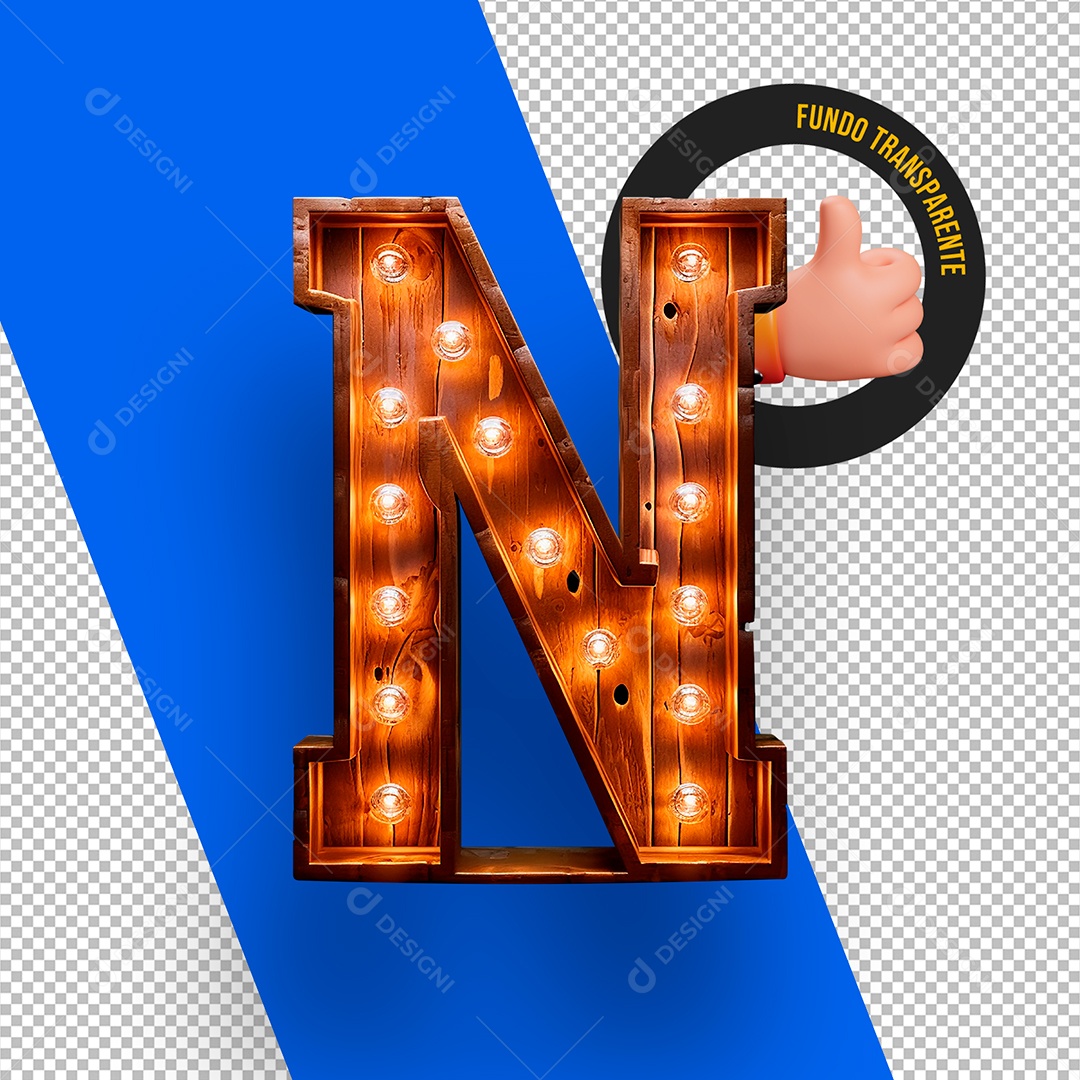 Letra N Maiúscula de Madeira com Lâmpadas de Led Elemento 3D Para Composição PSD