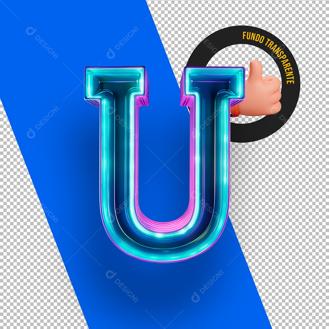 Letra U Maiúscula Rosa com Led Azul Elemento 3D Para Composição PSD