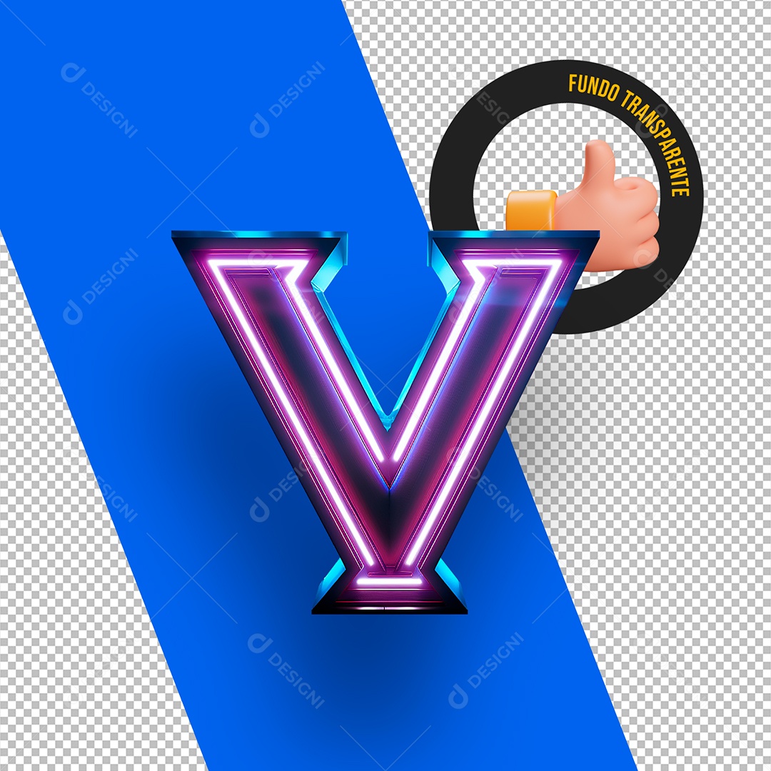 Letra V Maiúscula Azul com Led Rosa Elemento 3D Para Composição PSD